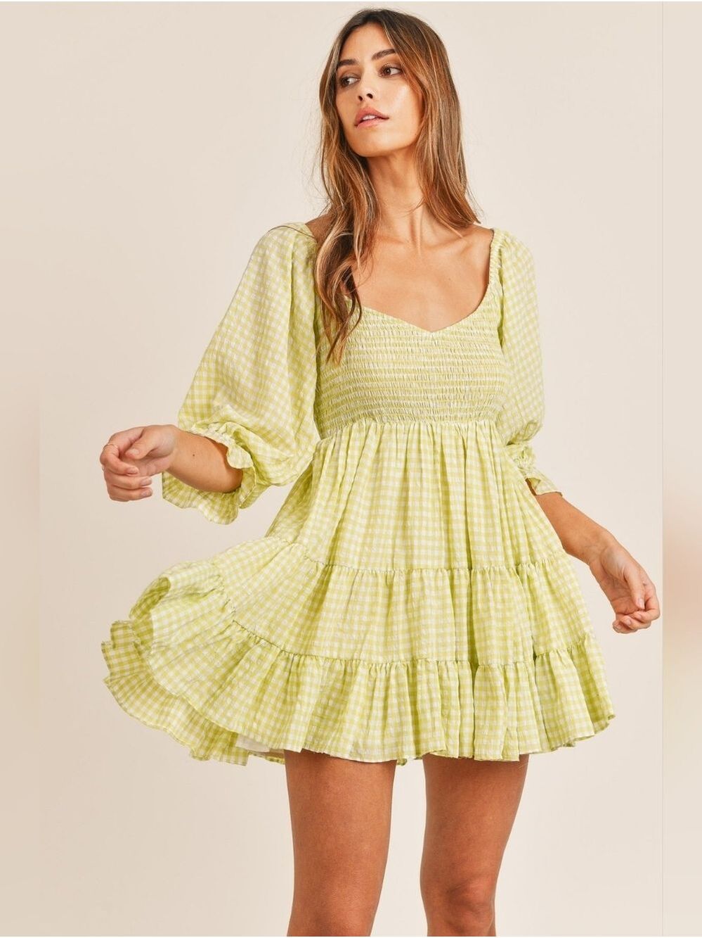 MABLE Lime Gingham Smocked Babydoll Mini Dress Puff Sleeve Tiered Small